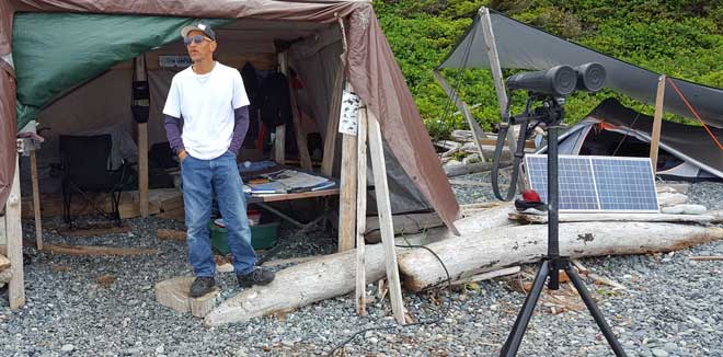 Troy is camped on the beach doing Orca research