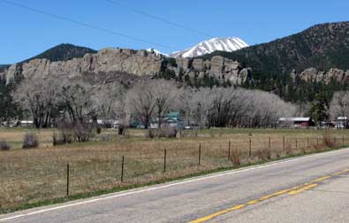 The town of Stonewall, Sangrea de Cristo Mountains peaking over the wall