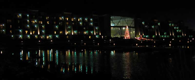 Night view of the Blue Water Casino in Parker, AZ from the marina