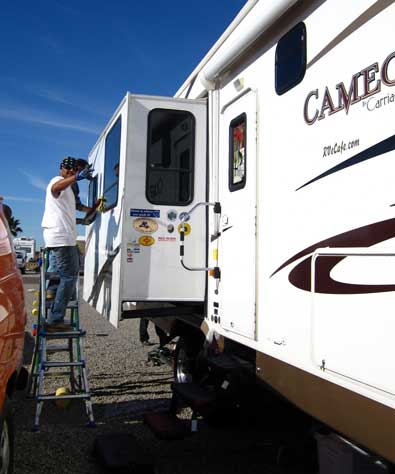 Hand waxing the trailer