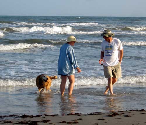 Gwen, Morgan and Ralph hiking in the surf