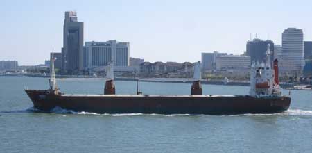 A view while on the bridge of the Lexington with Corpus Christi in the background