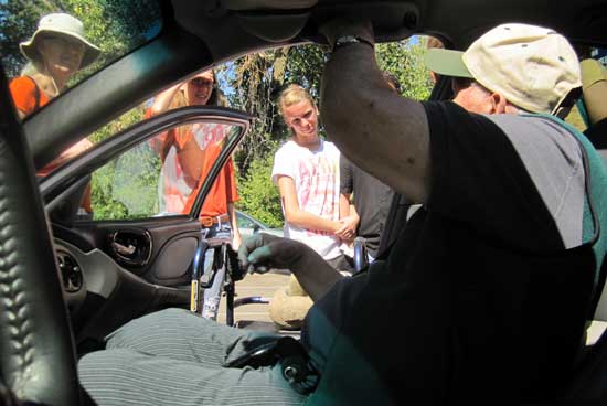 Dad teaches a nature class at Lodi Lake from a car.