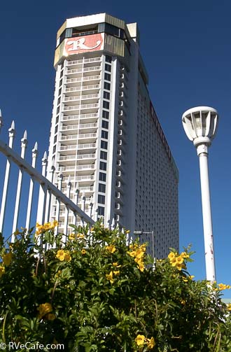 Walking on the Colorado River path, looking north toward the Riverside, furthest north casino