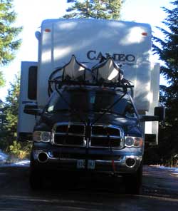 Pulling the Cameo down the Howard Prairie Resort road with two slides extended