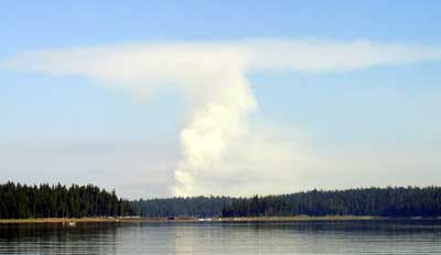 A forest fire can been seen in the distance at Howards Prairie