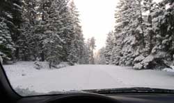Snowy road near the lake