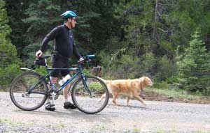 The road is a smoothly graveled road for the first 1/4 mile, then we leave that road for dirt. I like the dirt better, it's easier on my paws.