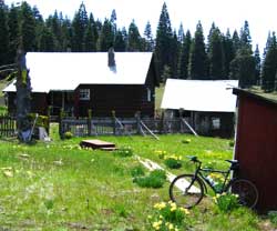 A cabin, shed and outhouse at the edge of Buck Prairie Meadow