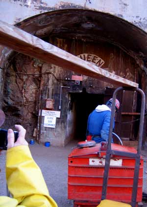 The battery powered tow car pulls us into the Queen Mine entrance