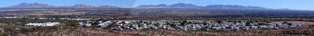 Saguaro Escapees RV park below with Dragoon Mountains to the right