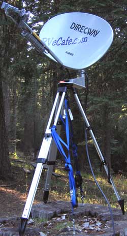 Our tripod dish is mounted to a tree stump