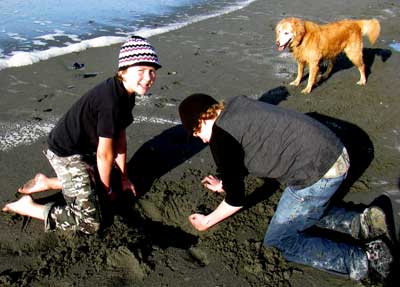 Time to dig a hole on the beach with Morgan's help