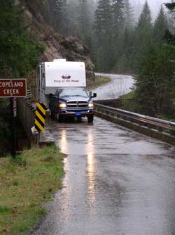 Leaving our mountain across Copeland Creek on a one lane bridge.