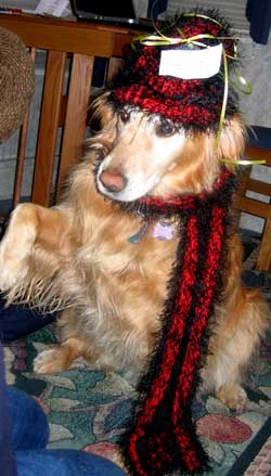 Morgan modeling the scarf and hat I bought Gwen at the silent auction